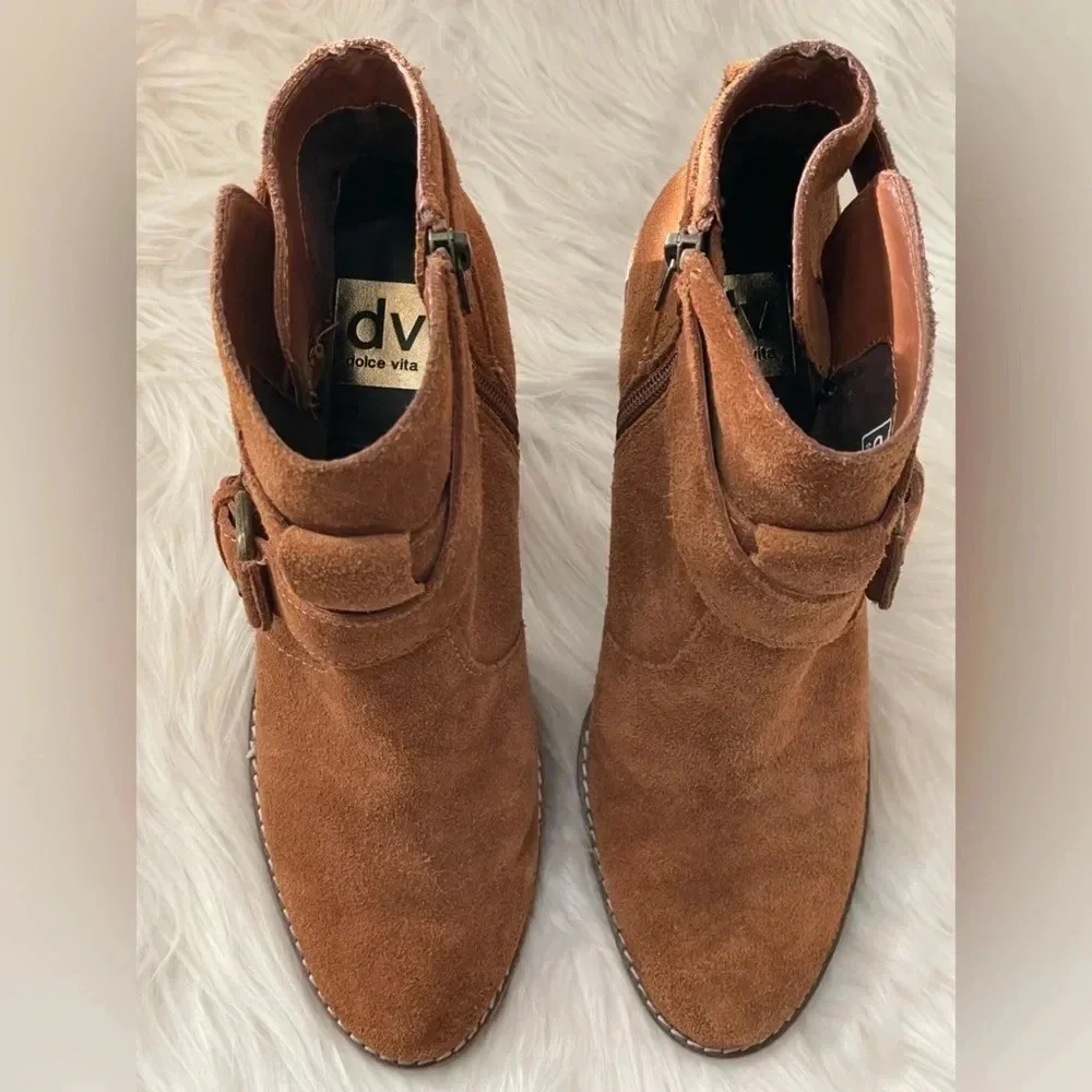 Dolce Vita Size 7.5 Brown Tan Leather Suede Cross Wrap Buckle Ankle Boot - Picture 6 of 12
